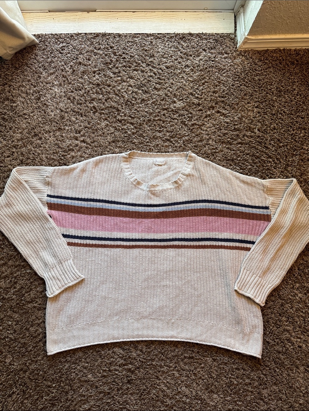 Hem & Thread Cream Striped Sweater Large